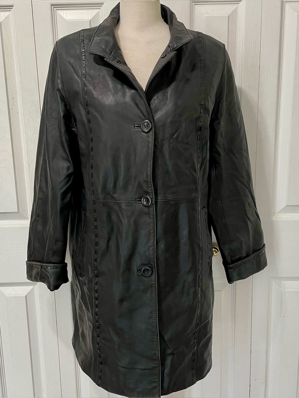 A&S Selections Black Leather 3/4 Length Coat with woven leather detailing